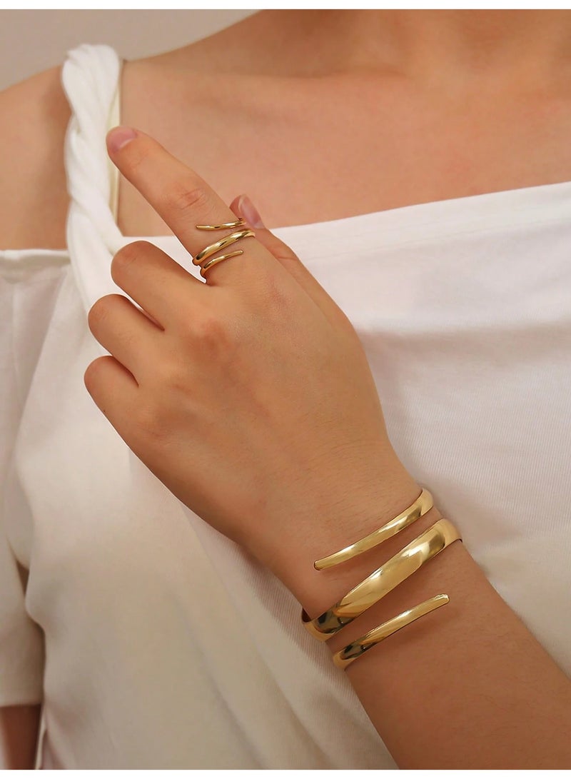 Shein Luxury Women's 2 Piece Gold Geometric Design Jewelry Set, Including Cuff Bracelet and Ring, Suitable for Daily Use and Special Occasions, Perfect Valentine's Day Gift. - Image 4